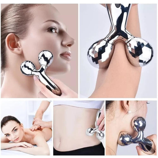 3D Manual Roller Face & Body Massager | Skin Lifting Wrinkle Remover Facial Massage Tool | V Shape Beauty Roller for Face Tightening, Relaxation & Skin Care | Silver