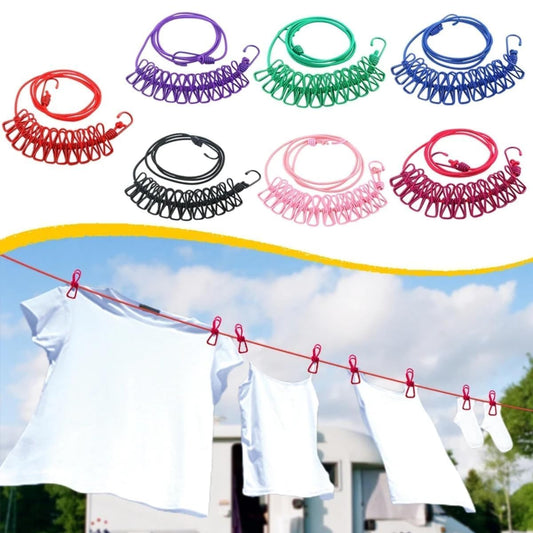 Cloth Drying Rope with Hooks 1-PCS Elastic Cloth Hanging Rope for Cloth Drying with 12 Clips Cloth Rope for Drying Clothes for Travel Home Outdoor Kapde Sukhane ki Rassi Wire -Multicolor (1)