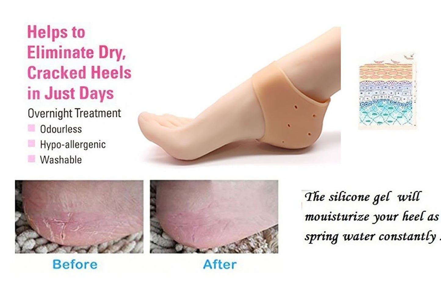 Purastep Silicone Gel Heel Pad Socks for Pain Relief - 1 Pair (Beige, Free Size)