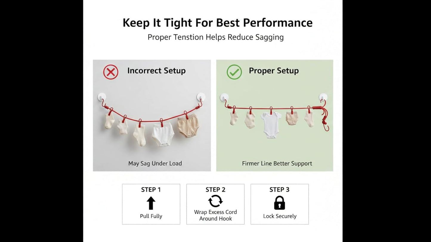 Portable Clothes Drying Rope Pack of 2 with Clips for Travel & Home | Ideal for travel, balcony, bathroom, hostel, camping and indoor laundry drying. No installation required.