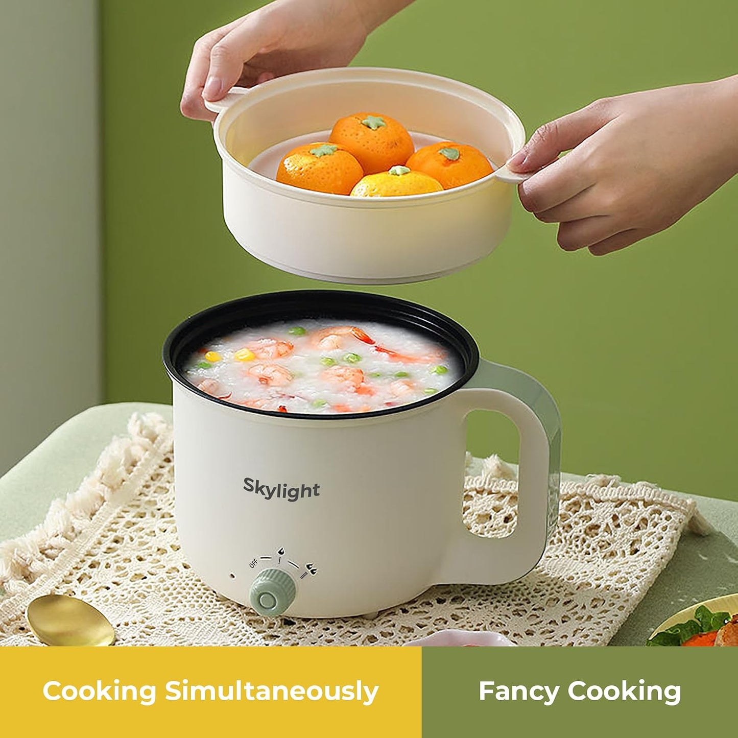 SKYLIGHT 1.8L Multipurpose Kettle, Inner Non-Stick with Steamer, Double Layered Body, Wide Mouth, 600W, Steaming for Tea Coffee Oats Egg Rice Vegetable Boiling Noodle Soup