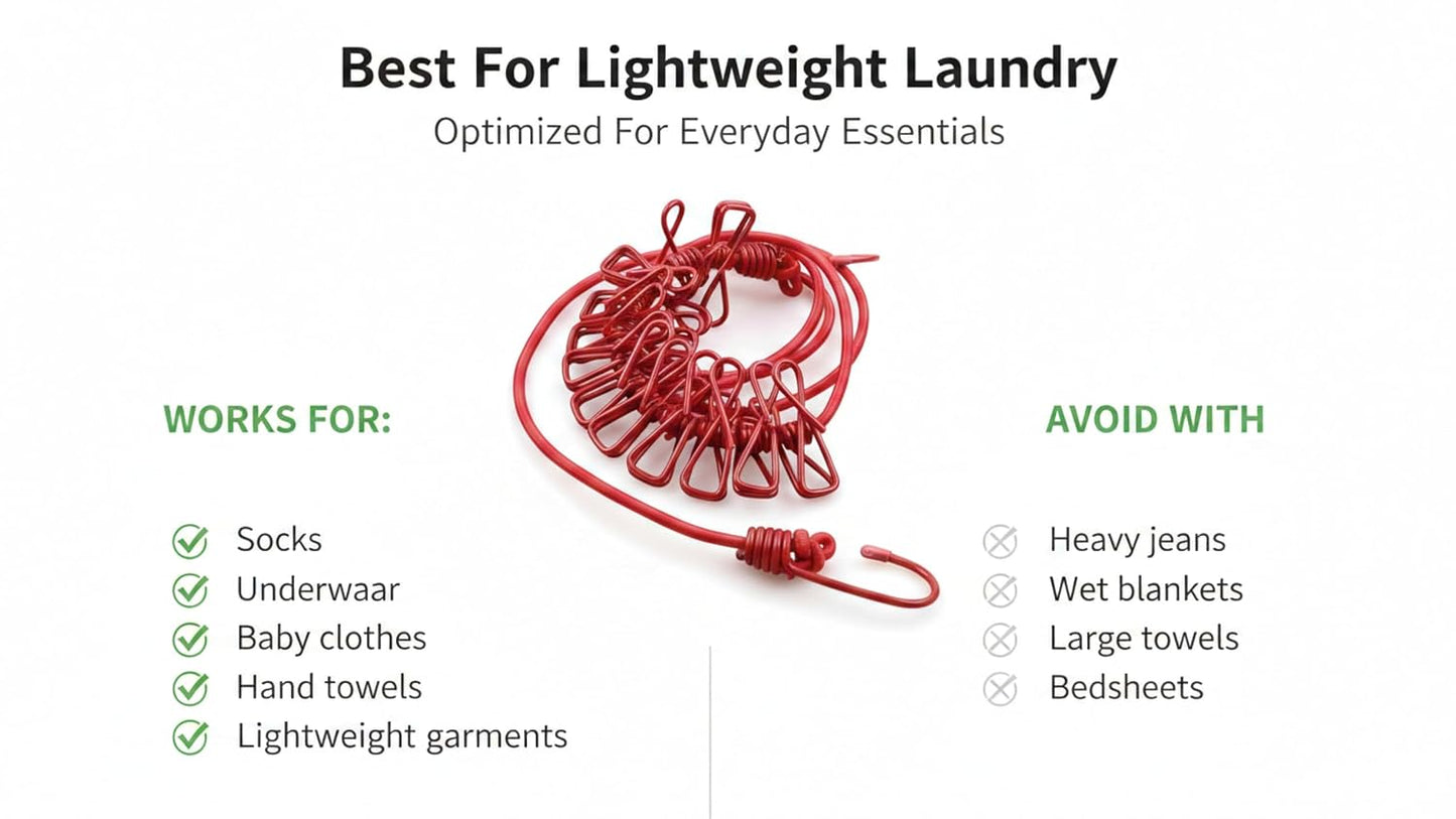 Portable Clothes Drying Rope Pack of 2 with Clips for Travel & Home | Ideal for travel, balcony, bathroom, hostel, camping and indoor laundry drying. No installation required.