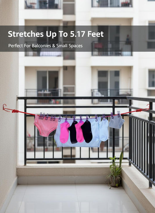 Portable Clothes Drying Rope Pack of 2 with Clips for Travel & Home | Ideal for travel, balcony, bathroom, hostel, camping and indoor laundry drying. No installation required.