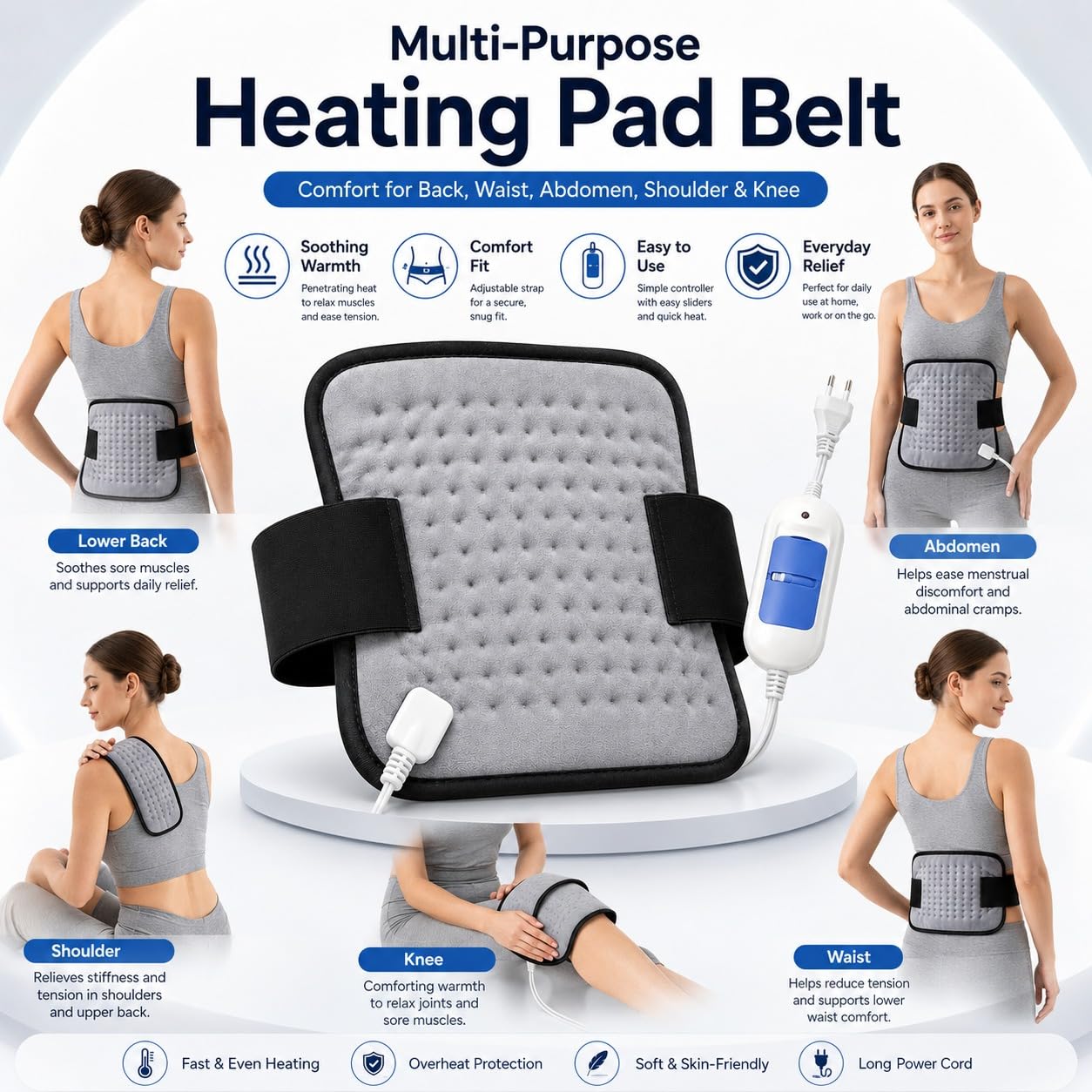 Electric Heating Belt for Back Pain Relief & Period Cramps | Orthopedic Heating Pad for Waist, Knee, Shoulder & Muscle Pain | Heat Therapy Belt | Adjustable Strap | Free Size