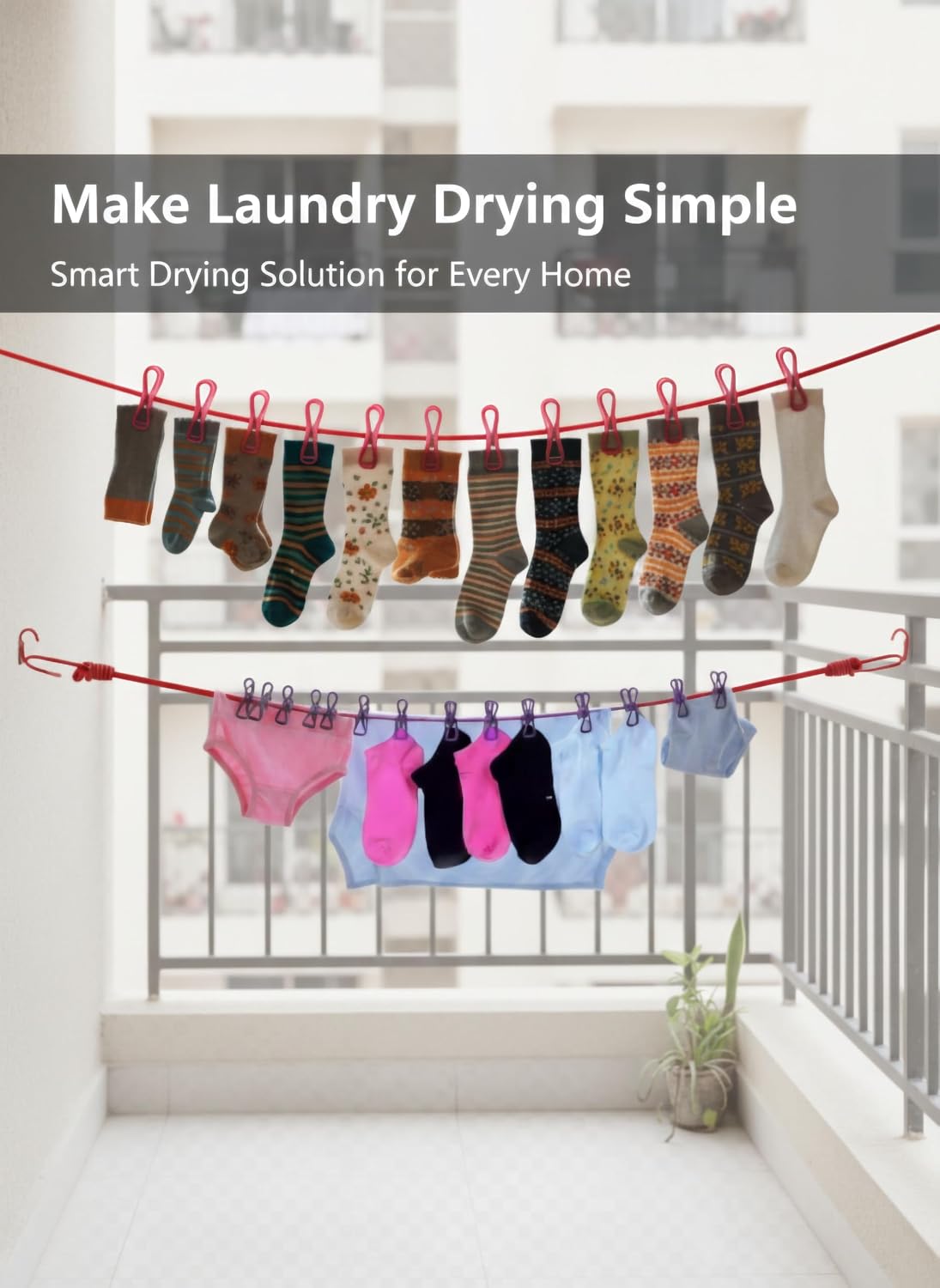 Portable Clothes Drying Rope Pack of 2 with Clips for Travel & Home | Ideal for travel, balcony, bathroom, hostel, camping and indoor laundry drying. No installation required.