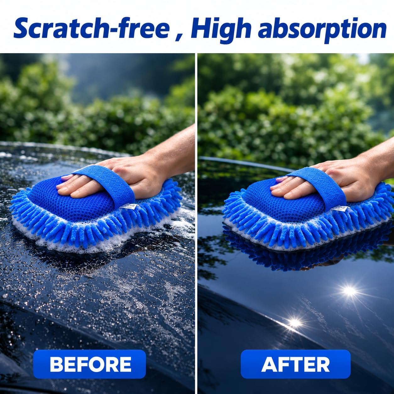 Microfiber Car Washing Sponge Brush, Scratch-Free Chenille Car Cleaning Sponge, Super Absorbent Car Wash Mitt for Car Bike SUV Truck, Multipurpose Cleaning Duster (Blue)
