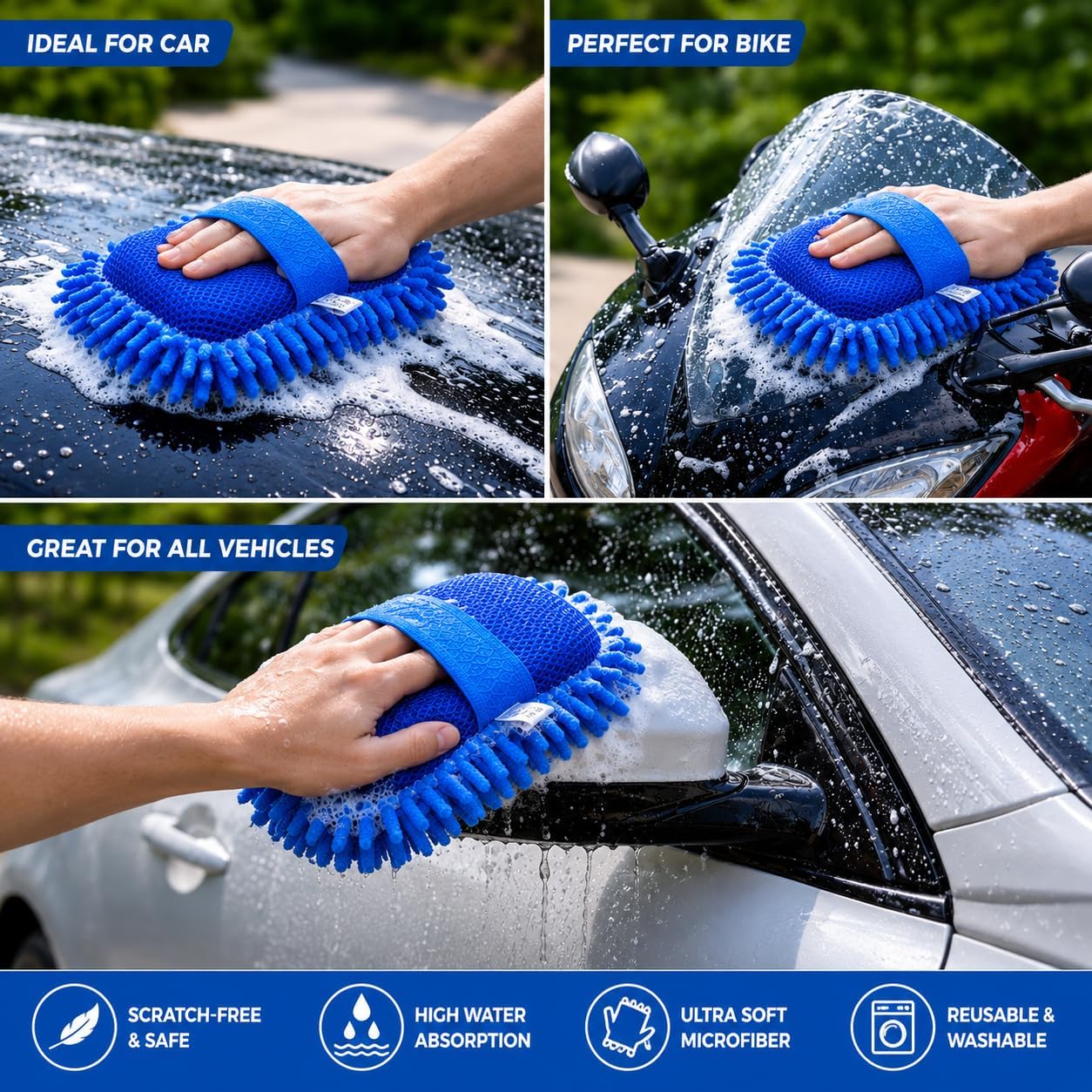 Microfiber Car Washing Sponge Brush, Scratch-Free Chenille Car Cleaning Sponge, Super Absorbent Car Wash Mitt for Car Bike SUV Truck, Multipurpose Cleaning Duster (Blue)