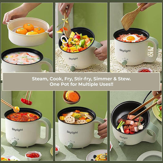 SKYLIGHT 1.8L Multipurpose Kettle, Inner Non-Stick with Steamer, Double Layered Body, Wide Mouth, 600W, Steaming for Tea Coffee Oats Egg Rice Vegetable Boiling Noodle Soup
