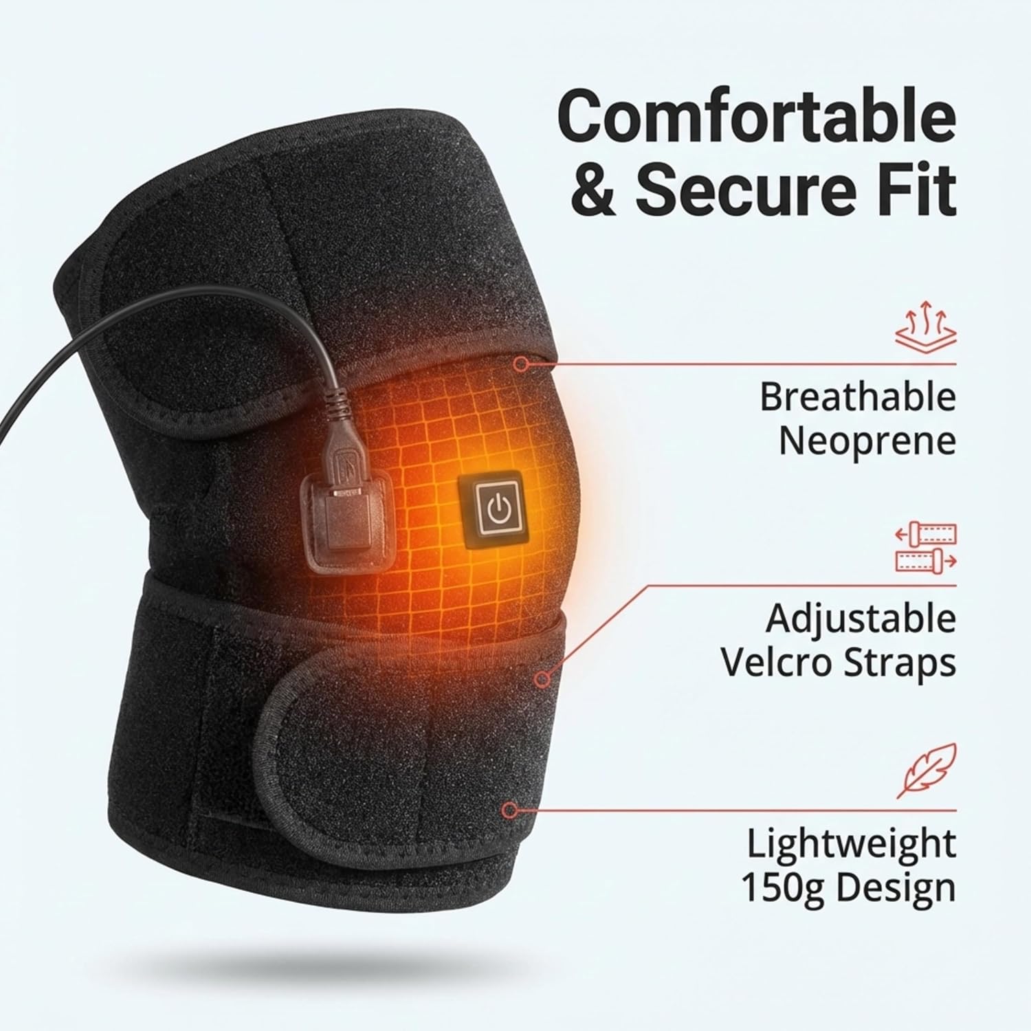 R1O Electric Heated Knee Brace – USB Powered Heating Pad with Adjustable Temperature | Pain Relief & Comfort Support (Black)